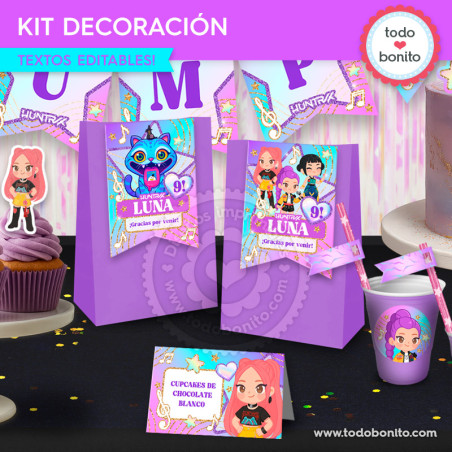 Kit imprimible decoración de fiesta Guerreras K-pop Huntrix inspirado en K-pop Demon Hunters