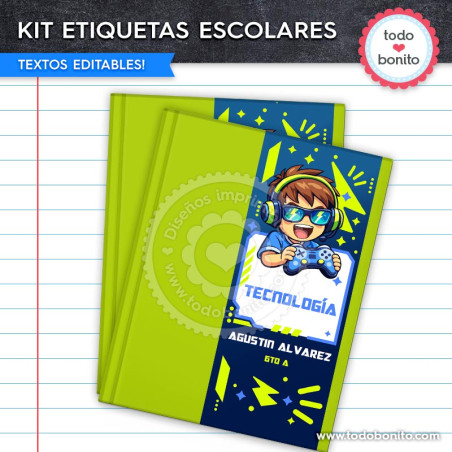 Kit de etiquetas escolares gamer en PDF listo para descargar