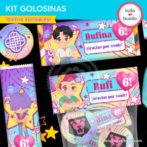 kit etiquetas golosinas Saja Boys Soda Pop imprimible decoración cumpleaños K-pop