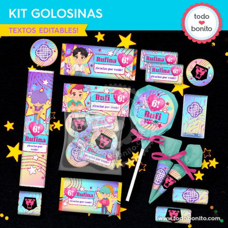 kit etiquetas golosinas Saja Boys Soda Pop imprimible decoración cumpleaños K-pop