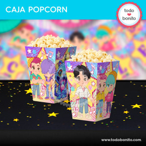 Caja popcorn Saja Boys Soda Pop imprimible cumpleaños K-pop mesa dulce