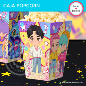 Caja popcorn Saja Boys Soda Pop imprimible cumpleaños K-pop mesa dulce