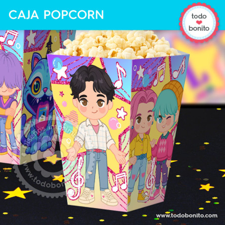 Caja popcorn Saja Boys Soda Pop imprimible cumpleaños K-pop mesa dulce