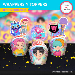 Cupcakes con wrappers y toppers Saja Boys Soda Pop personajes K-pop imprimible
