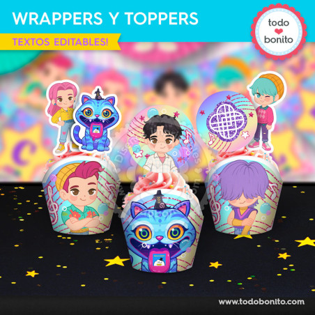 Cupcakes con wrappers y toppers Saja Boys Soda Pop personajes K-pop imprimible