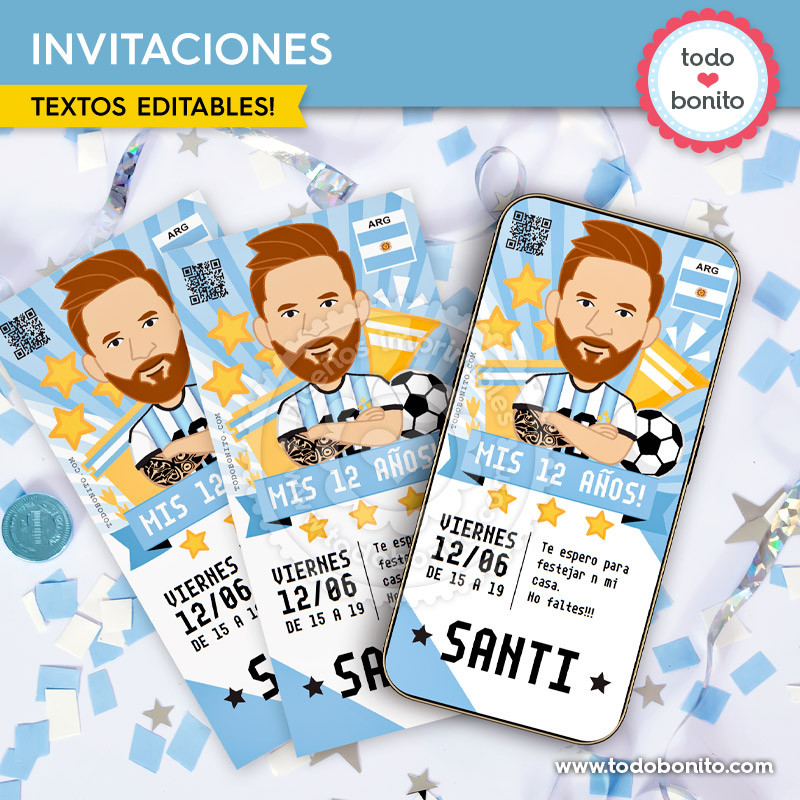 Invitación de cumpleaños Messi Argentina con textos editables