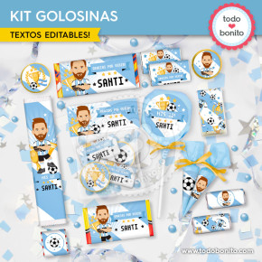 Kit imprimible de golosinas Messi Argentina para cumpleaños