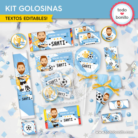 Kit imprimible de golosinas Messi Argentina para cumpleaños