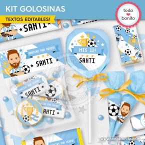 Mesa dulce de Messi con chocolates y chupetines personalizados