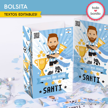 Bolsita imprimible Messi Argentina para cumpleaños de fútbol