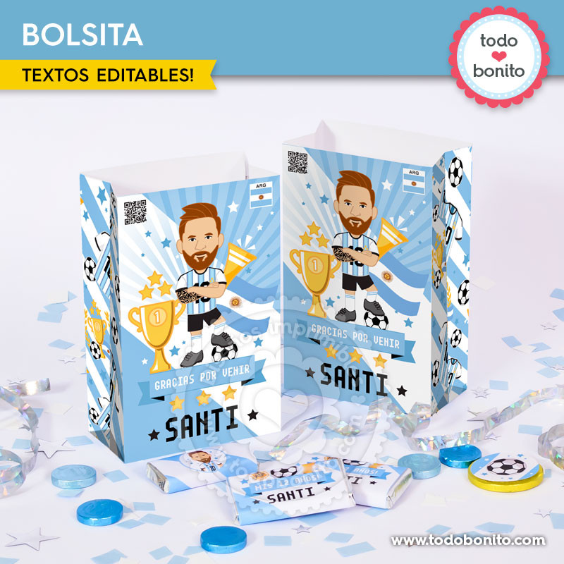 Bolsita imprimible Messi Argentina para cumpleaños de fútbol