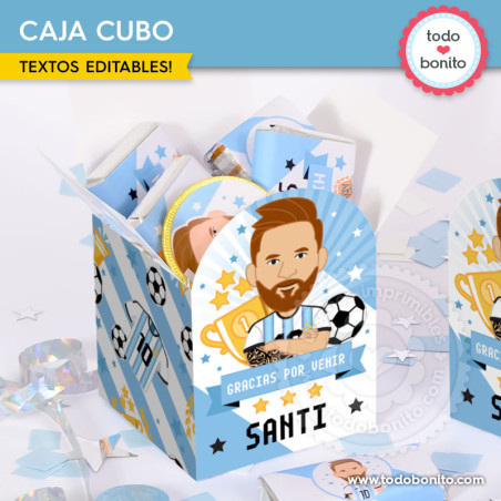 Caja cubo imprimible Messi Argentina para cumpleaños de fútbol