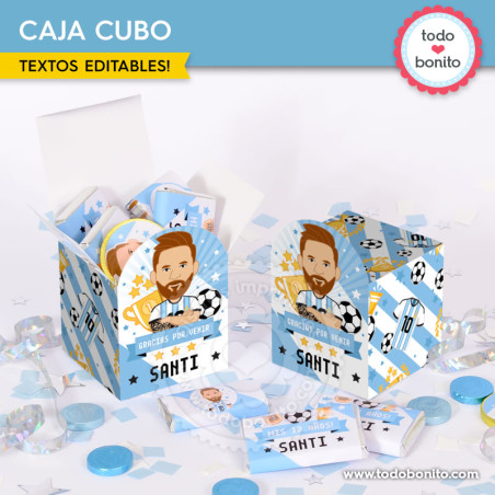 Caja cubo imprimible Messi Argentina para cumpleaños de fútbol
