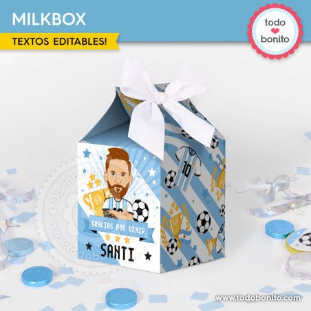 Milkbox imprimible Messi Argentina para cumpleaños de fútbol
