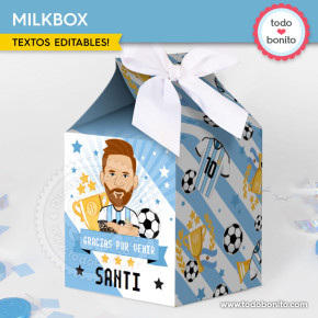 Milkbox imprimible Messi Argentina para cumpleaños de fútbol