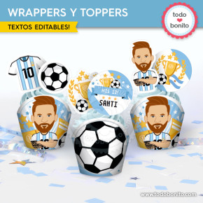 Wrappers y toppers Messi Argentina para cupcakes de cumpleaños