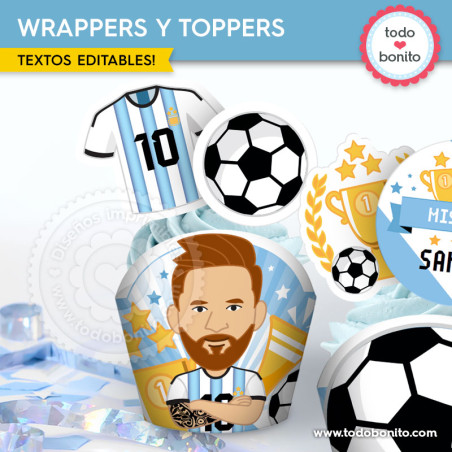 Wrappers y toppers Messi Argentina para cupcakes de cumpleaños