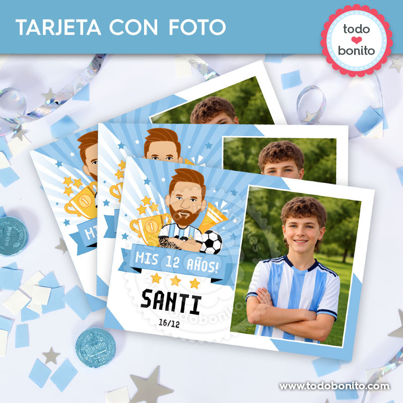 Tarjeta con foto Messi Argentina para cumpleaños de fútbol