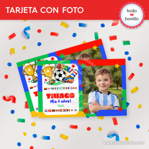 Tarjeta con foto personalizada de fútbol países del mundo para cumpleaños infantil