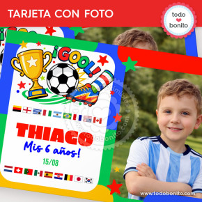 Tarjeta con foto personalizada de fútbol países del mundo para cumpleaños infantil