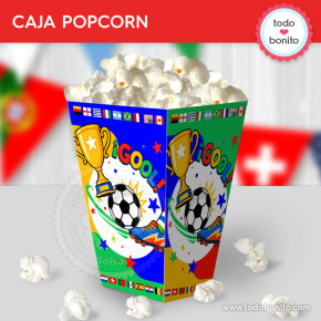 Pochoclera de fútbol con pelota, copa, gol y banderas del mundo