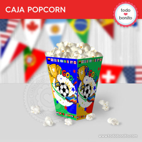 Caja popcorn imprimible para cumpleaños de fútbol países del mundo