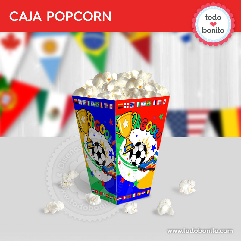 Caja popcorn imprimible para cumpleaños de fútbol países del mundo