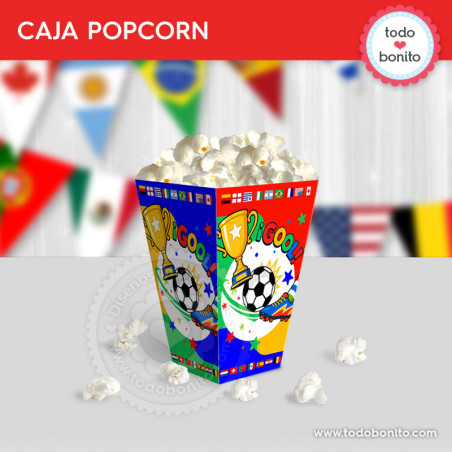 Caja popcorn imprimible para cumpleaños de fútbol países del mundo