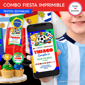 Combo fiesta imprimible de fútbol países del mundo con invitación y cajita