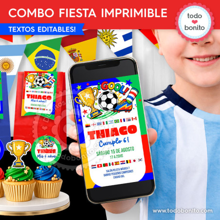 Combo fiesta imprimible de fútbol países del mundo con invitación y cajita
