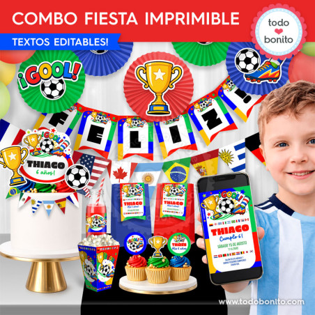 Combo fiesta imprimible de fútbol países del mundo con invitación y cajita
