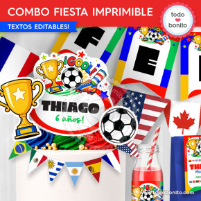 Decoración de torta de fútbol con pelota, copa y banderas del mundo
