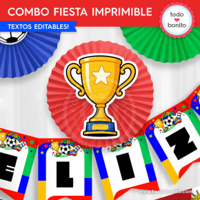 Decoración de cumpleaños fútbol con pelota copa y banderas del mundo
