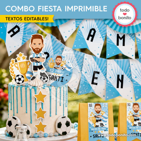 Combo fiesta imprimible Messi Selección Argentina con decoración invitación cake topper y cajita camiseta