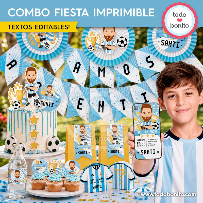 Combo fiesta imprimible Messi Selección Argentina con decoración invitación cake topper y cajita camiseta