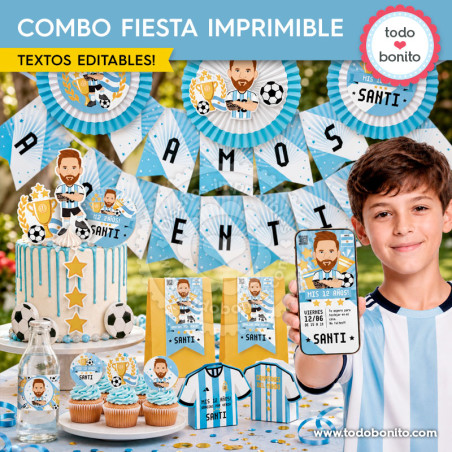 Combo fiesta imprimible Messi Selección Argentina con decoración invitación cake topper y cajita camiseta