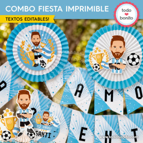 Decoración imprimible Messi Selección Argentina con círculos banderines pelota y copa