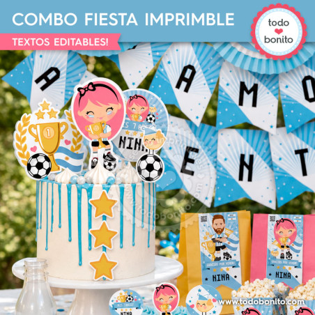 Combo fiesta imprimible Nina Selección Argentina para cumpleaños de fútbol niña