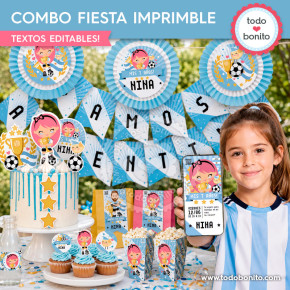 Combo fiesta imprimible Nina Selección Argentina para cumpleaños de fútbol niña