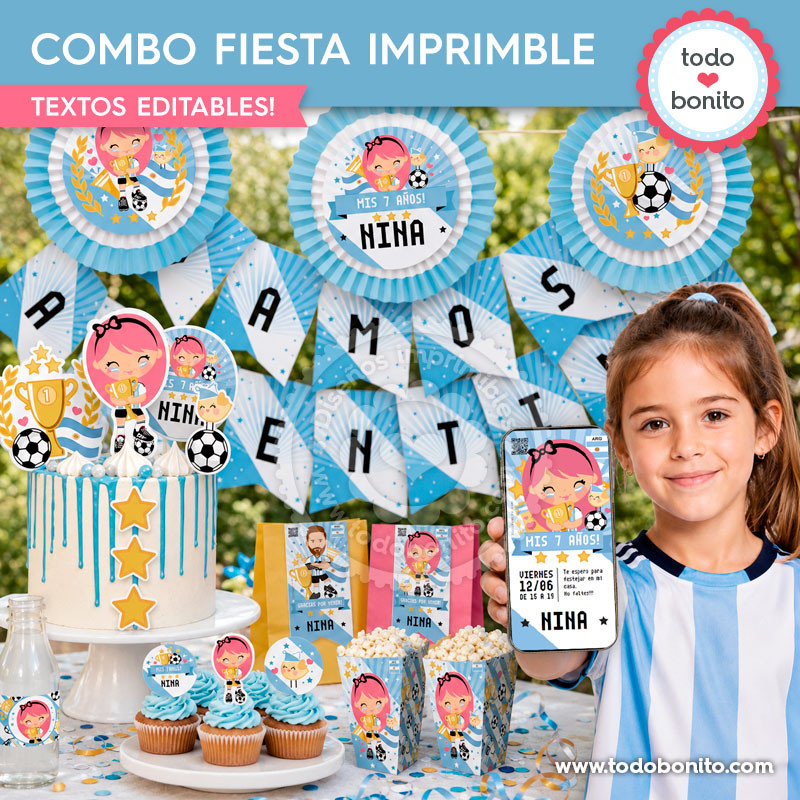 Combo fiesta imprimible Nina Selección Argentina para cumpleaños de fútbol niña