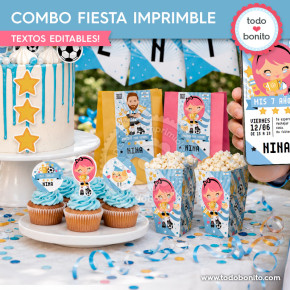 Decoración imprimible de fútbol celeste y blanco para cumpleaños infantil