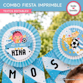 Kit de fiesta fútbol femenino con topper, banderines y círculos imprimibles