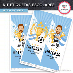 Etiquetas escolares verticales imprimibles de Messi selección argentina