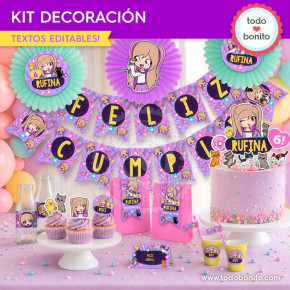 Kit decoración de cumpleaños Lyna Vallejos para imprimir con banner, toppers, bolsitas, vasos y mesa dulce