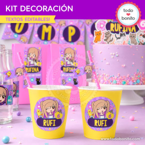 Vasos decorados de Lyna Vallejos con etiquetas imprimibles para fiesta infantil youtuber