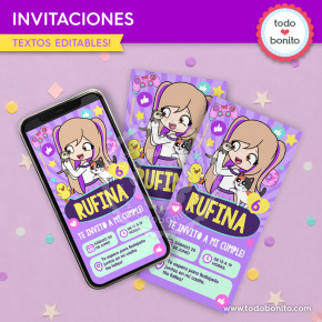 Invitación imprimible y digital de Lyna Vallejos para cumpleaños con diseño editable para WhatsApp