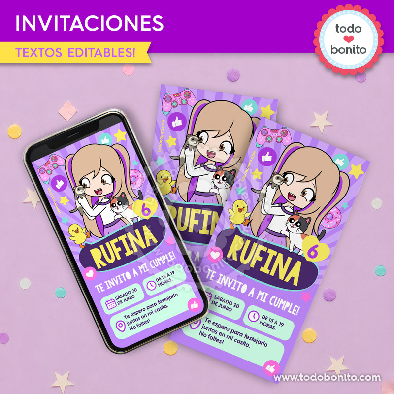 Invitación imprimible y digital de Lyna Vallejos para cumpleaños con diseño editable para WhatsApp