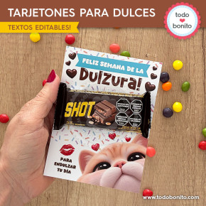 Tarjetón para golosinas con gatito tierno y chocolate para la Semana de la Dulzura