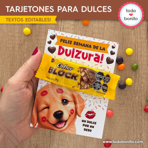 Tarjetón imprimible con perrito y frase Un dulce por un beso para regalar golosinas