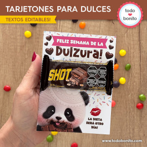 Tarjetón para golosinas con panda amante del chocolate para la Semana de la Dulzura